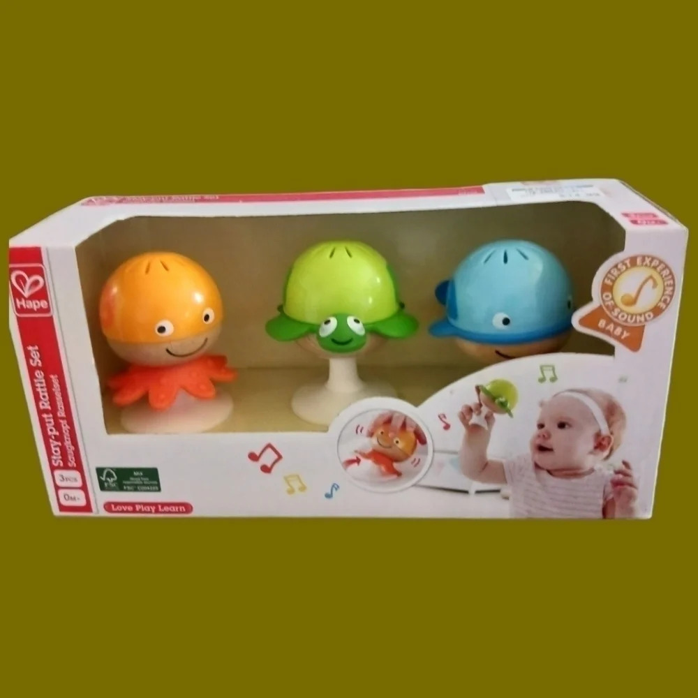 Hape: Stay-Put Sea Animal Suction Cup Rattle Set for Infant & Toddler 3 Pcs